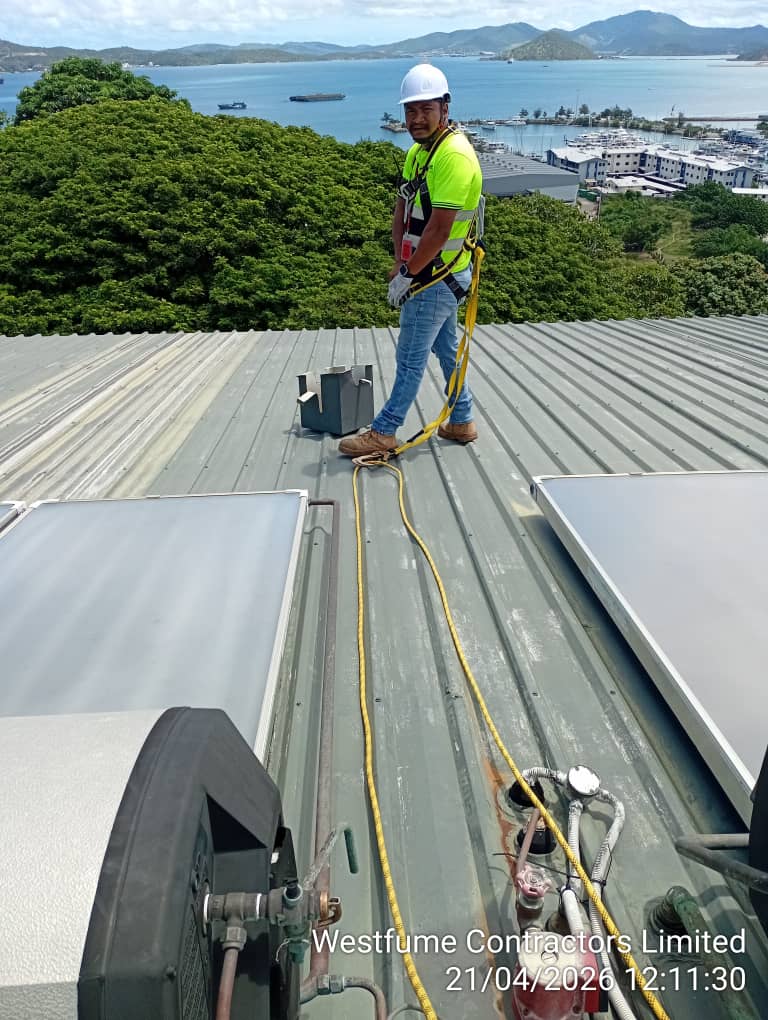 E. Technician secured on roof